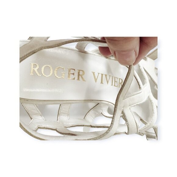 Vintage 80s Roger Vivier Caged Sandals on Platform Wedge, Off White Nubuk - Picture 11 of 16